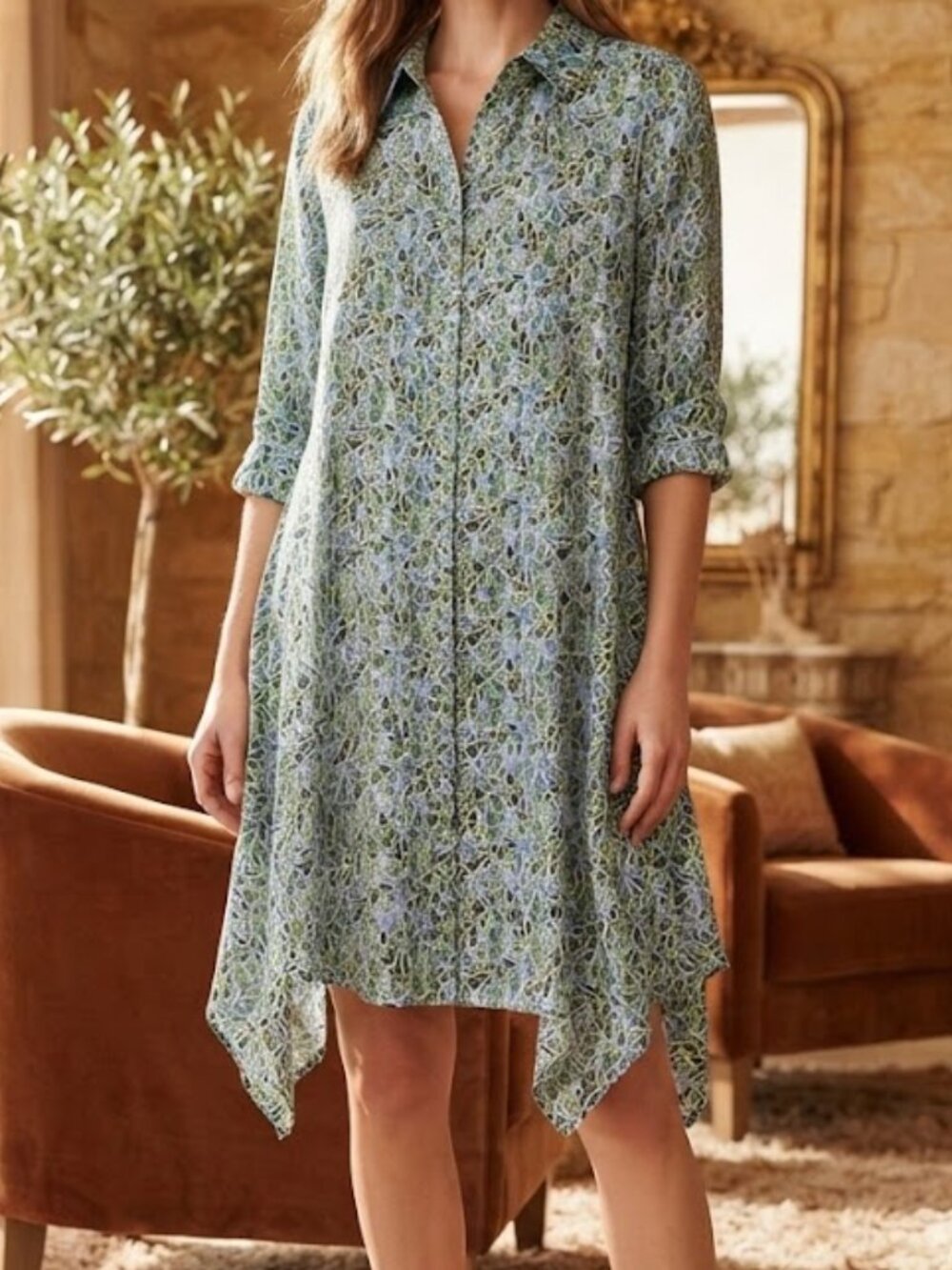 cinq a sept Blue and Green Printed Asymmetrical Shirt Dress Size 6